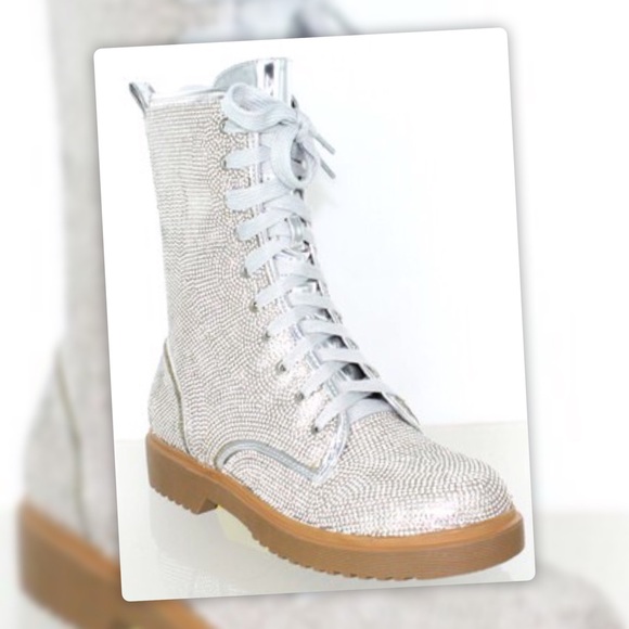 Pazzle BETSY Combat Silver Rhinestone Embellished Lace-up Tall Metallic Boot - Picture 2 of 10
